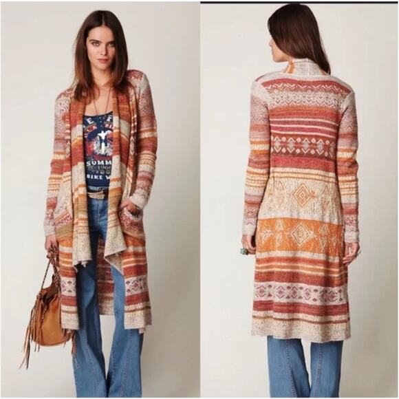 Free People Yesterdays Smile Longline Aztec Fair Isle Duster Alpaca Cardigan M - Picture 1 of 9
